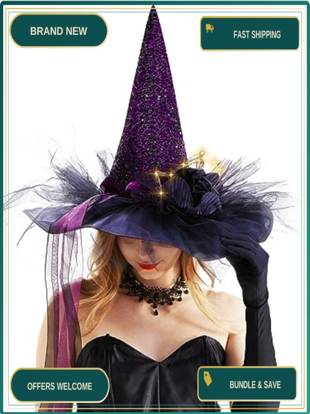 LED Lighted Witch Hat Halloween Costume Gauze Feathers Polyester